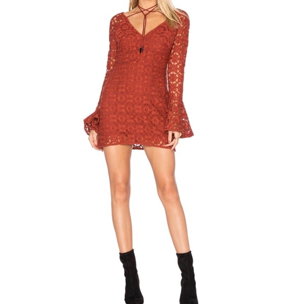 Free People Back to Black Lace Mini Dress Rust Terracotta Bell Sleeve Boho 0
